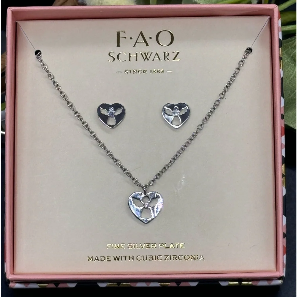 FAO Schwarz Fine Silver Plate Angel Earring Necklace Set